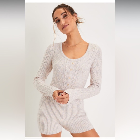 Lulus Cuddly Sentiments Blush Multi Marled Cable Knit Romper - Picture 2 of 8